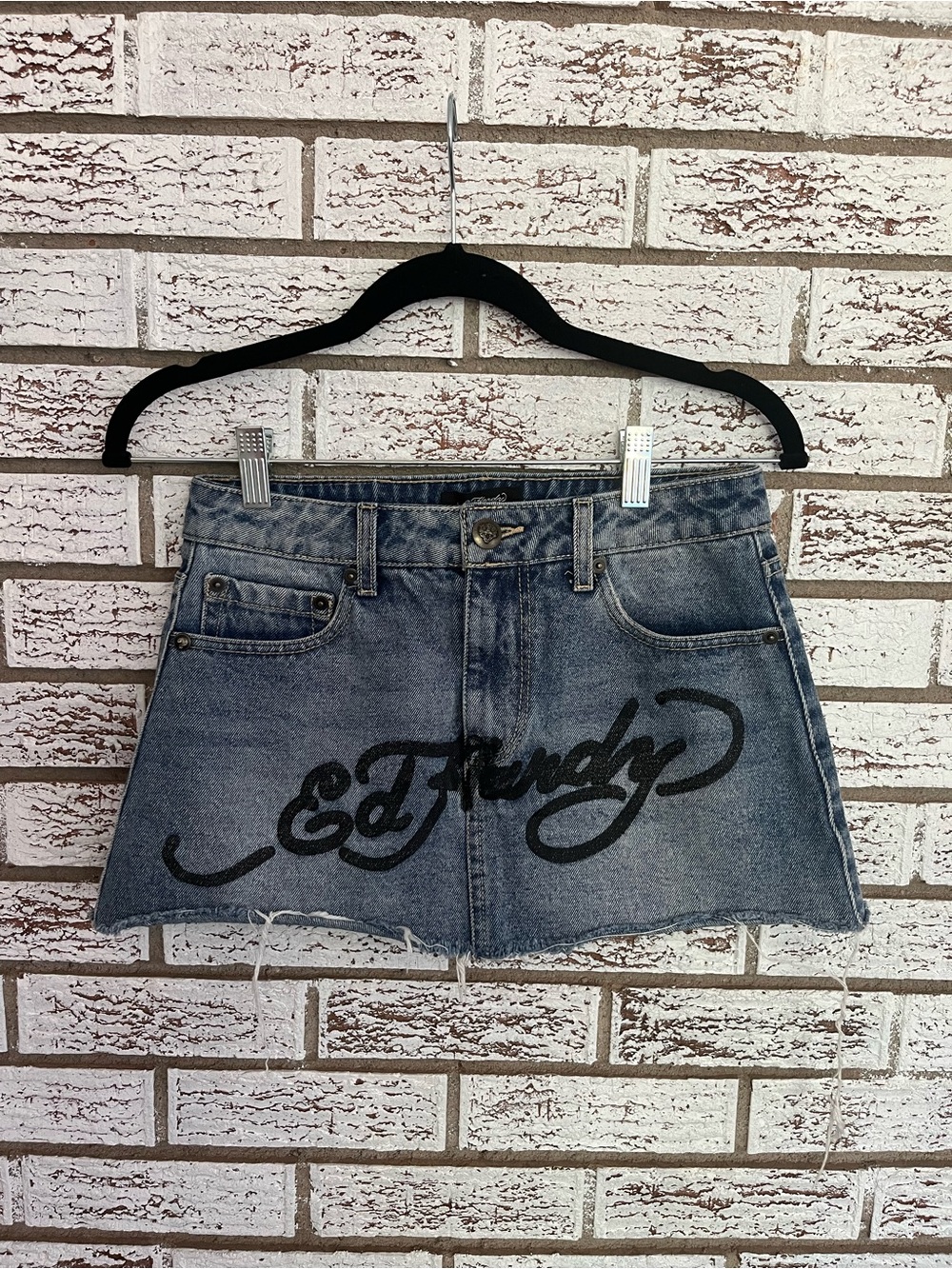 Ed Hardy denim low rise mini skirt Y2K 2000s streetwear Script Waist Label